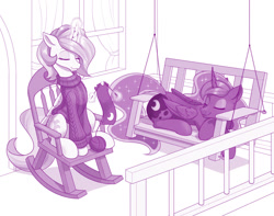 Size: 1280x1010 | Tagged: safe, artist:dstears, character:princess celestia, character:princess luna, species:alicorn, species:pony, season 9, spoiler:s09, alternate hairstyle, bench, clothing, cute, duo, eyes closed, female, haircut, knitting, magic, mare, monochrome, royal sisters, siblings, sisters, sitting, sweater, swing, telekinesis, vacation, yarn, yarn ball