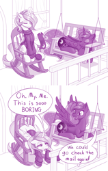 Size: 1280x2020 | Tagged: safe, artist:dstears, character:princess celestia, character:princess luna, species:alicorn, species:pony, episode:the last problem, g4, my little pony: friendship is magic, 2 panel comic, alternate hairstyle, bored, clothing, comic, cute, cutelestia, dialogue, excited, eyes closed, female, irrational exuberance, knitting, lunabetes, mare, monochrome, oh my celestia, prone, retirement, royal sisters, siblings, sisters, sleeping, smiling, speech bubble, spread wings, sweater, swing, that pony sure does love the post office, wings, yarn, yarn ball