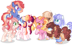 Size: 1280x792 | Tagged: safe, artist:basecbitch, artist:sugaryicecreammlp, base used, character:luster dawn, oc, oc:apple biscuit, oc:astral star, oc:chocolate pie, oc:rainbow wind, oc:royal crown, oc:sweet cake, parent:cheese sandwich, parent:pinkie pie, parent:rainbow dash, parent:soarin', parent:twilight sparkle, parents:cheesepie, parents:soarindash, parents:twidash, species:alicorn, species:earth pony, species:pegasus, species:pony, species:unicorn, astralverse, female, group, magical lesbian spawn, mare, next generation, offspring, simple background, transparent background, wingding eyes