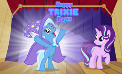 Size: 4057x2452 | Tagged: safe, artist:andoanimalia, character:starlight glimmer, character:trixie, bipedal, hooves in air, trixie day, wallpaper, y pose