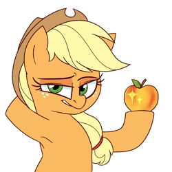 Size: 1400x1400 | Tagged: safe, artist:notenoughapples, character:applejack, species:earth pony, species:pony, apple, armpits, bedroom eyes, female, food, mare, simple background, solo, white background