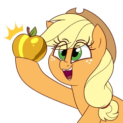 Size: 1400x1400 | Tagged: safe, artist:notenoughapples, character:applejack, species:earth pony, species:pony, apple, cute, eye clipping through hair, female, food, golden apple, jackabetes, mare, open mouth, simple background, solo, white background