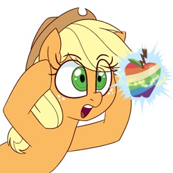 Size: 1400x1400 | Tagged: safe, artist:notenoughapples, character:applejack, species:earth pony, species:pony, apple, eye clipping through hair, female, food, mare, open mouth, shocked, simple background, solo, white background, zap apple