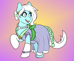 Size: 2547x2123 | Tagged: safe, artist:mr.pink, artist:pacificside18, oc, oc only, oc:azur lachrimae, species:pony, bow, clothing, dress, ear piercing, earring, gala dress, gloves, hoof gloves, jewelry, necklace, pearl, pearl necklace, piercing, ring, simple background