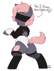 Size: 2000x2600 | Tagged: safe, artist:notenoughapples, oc, oc only, oc:vedalia rose, species:earth pony, species:pony, 2b, bipedal, blindfold, clothing, cosplay, costume, dialogue, dock, female, leggings, leotard, looking back, mare, nier: automata, smiling, solo