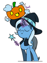 Size: 1280x1707 | Tagged: safe, artist:flutterluv, character:trixie, species:pony, species:unicorn, clothing, eyes closed, female, halloween, hat, holiday, jack-o-lantern, magic, magic wand, mare, poof, pumpkin, simple background, solo, telekinesis, transparent background, wand, witch, witch hat