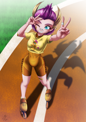 Size: 1821x2574 | Tagged: safe, artist:mauroz, character:smolder, species:human, anime style, bandaid, cameltoe, clothing, cute, female, humanized, one eye closed, rollerblades, shorts, silhouette, smiling, smolderbetes, solo, track, tracksuit, wink