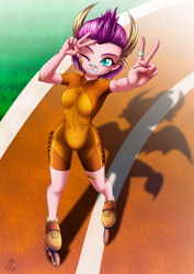 Size: 1821x2574 | Tagged: safe, artist:mauroz, character:smolder, species:human, anime style, bandaid, cameltoe, clothing, female, humanized, one eye closed, rollerblades, shorts, silhouette, smiling, solo, track, tracksuit, wink