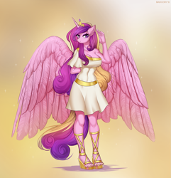 Size: 1255x1300 | Tagged: safe, artist:margony, character:princess cadance, species:alicorn, species:anthro, species:plantigrade anthro, g4, abstract background, breasts, busty princess cadance, clothing, digital art, feet, female, looking sideways, mare, nail polish, sandals, shoes, signature, smiling, solo, three quarter view, toes, wings