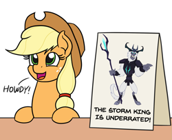 Size: 1719x1406 | Tagged: safe, artist:andoanimalia, artist:mkogwheel edits, edit, character:applejack, character:storm king, species:earth pony, species:pony, my little pony: the movie (2017), angry, antagonist, applejack's hat, applejack's sign, armor, clothing, cowboy hat, crown, cute, dawwww, exploitable meme, fangs, female, freckles, hat, horns, howdy, jewelry, mare, meme, open mouth, pointing, regalia, sign, simple background, smiling, staff, staff of sacanas, storm king's emblem, table, text, unpopular opinion, vector, weapons-grade cute, yeti