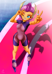 Size: 1522x2152 | Tagged: safe, alternate version, artist:mauroz, character:smolder, my little pony:equestria girls, anime style, bandaid, cameltoe, clothing, cute, equestria girls-ified, female, one eye closed, rollerblades, shorts, silhouette, smiling, smolderbetes, solo, track, tracksuit, wink