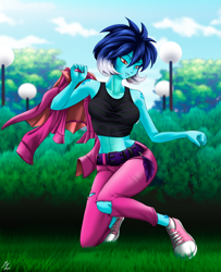 Size: 1746x2152 | Tagged: safe, alternate version, artist:mauroz, character:princess ember, character:spike, my little pony:equestria girls, belly button, clothing, converse, equestria girls-ified, female, hoodie, jacket, leather jacket, midriff, pants, shoes, sneakers, sports bra, tank top
