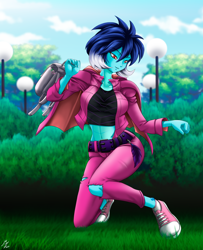 Size: 1746x2152 | Tagged: safe, alternate version, artist:mauroz, character:princess ember, character:spike, species:human, my little pony:equestria girls, belly button, clothing, converse, equestria girls-ified, female, hoodie, jacket, leather jacket, midriff, pants, shoes, sneakers, sports bra, tank top