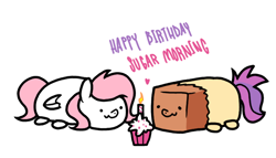 Size: 700x400 | Tagged: safe, artist:paperbagpony, oc, oc only, oc:paper bag, oc:sugar morning, species:earth pony, species:pegasus, species:pony, candle, cupcake, female, food, happy birthday, simple background, tsum tsum, white background