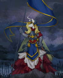 Size: 1000x1225 | Tagged: safe, artist:margony, oc, oc only, oc:aurora industry (ic), species:anthro, species:changeling, army, changeling oc, clothing, cloud, dark clouds, female, flag, princess, solo, white changeling, yellow changeling