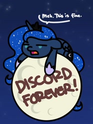 Size: 800x1067 | Tagged: safe, artist:flutterluv, character:princess luna, species:alicorn, species:pony, series:flutterluv's full moon, chibi, dialogue, female, graffiti, implied discord, luna is not amused, mare, meh, moon, solo, speech bubble, tangible heavenly object, this is fine