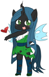 Size: 500x777 | Tagged: safe, artist:snow angel, character:queen chrysalis, species:anthro, ambiguous facial structure, blushing, chibi, clothing, cute, cutealis, dress, fangs, female, heart, looking at you, open mouth, pixiv, smiling, socks, solo