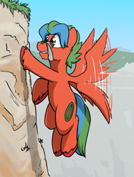 Size: 2596x3428 | Tagged: safe, artist:captainhoers, oc, oc only, oc:summer lights, species:pegasus, species:pony, cliff, cute, flying, glasses, grass, male, mouth hold, pickaxe, rock, smiling, solo, stallion, unshorn fetlocks