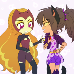 Size: 640x640 | Tagged: safe, artist:rileyav, character:adagio dazzle, species:human, my little pony:equestria girls, alternate hairstyle, belt, boots, bracelet, catra, clothes swap, clothing, colored sclera, cosplay, costume, crossover, evening gloves, eyeshadow, female, fingerless elbow gloves, fingerless gloves, gloves, jacket, jewelry, leather jacket, long gloves, makeup, she-ra and the princesses of power, shoes, shorts, simple background, spiked wristband, white background, wristband
