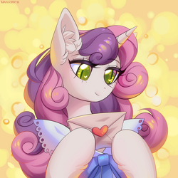 Size: 1000x1000 | Tagged: safe, artist:margony, character:sweetie belle, species:pony, species:unicorn, g4, abstract background, clothing, colored pupils, cute, diasweetes, digital art, dress, ear fluff, eyebrows, eyebrows visible through hair, female, heart eyes, hoof hold, letter, love letter, mare, older, older sweetie belle, smiling, solo, three quarter view, wingding eyes