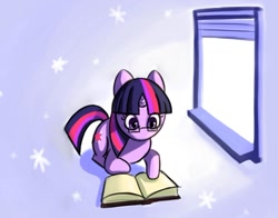 Size: 900x705 | Tagged: dead source, safe, artist:ninjaham, character:twilight sparkle, species:pony, species:unicorn, acdsee, book, female, glasses, mare, prone, reading, solo, window
