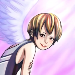Size: 1300x1300 | Tagged: dead source, safe, artist:ninjaham, character:rainbow dash, species:human, g4, acdsee, blushing, female, humanized, looking at you, smiling, solo, winged humanization, wings