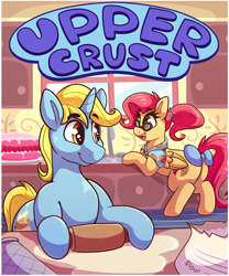 Size: 2652x3192 | Tagged: safe, artist:graphenescloset, oc, oc only, oc:cookie crumble, oc:rolling pin, species:pegasus, species:pony, species:unicorn, baker, bakery, baking, cake, couple, cover art, cute, female, food, male, mare, smiling, stallion, story, story in the source, story included