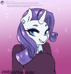 Size: 2500x2600 | Tagged: safe, artist:rainbowsprinklesart, character:rarity, species:anthro, clothing, ear piercing, favorite pony, female, piercing, smiling, solo, sweater, text
