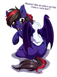 Size: 3000x4000 | Tagged: safe, artist:lupiarts, oc, oc:noctis jr, species:bat pony, species:pony, bat pony oc, butt, clothing, colt, dialogue, looking back, male, open mouth, signature, simple background, sitting, solo, transparent background, underhoof