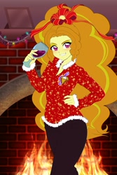 Size: 1360x2040 | Tagged: safe, artist:rileyav, character:adagio dazzle, my little pony:equestria girls, adoragio, alcohol, blushing, bow, christmas, christmas lights, cute, cutie mark on clothes, disguise, disguised siren, female, fire, fireplace, glass, hair bow, hand on hip, holiday, ribbon, smiling, solo, stupid sexy adagio dazzle, wine, wine glass
