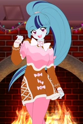 Size: 1360x2040 | Tagged: safe, artist:rileyav, character:sonata dusk, my little pony:equestria girls, blushing, bow, bow tie, candy, christmas, christmas lights, cute, disguise, disguised siren, female, fireplace, food, gingerbread (food), gingerbread man, holiday, looking at you, nail polish, open mouth, solo, sonatabetes
