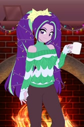 Size: 1360x2040 | Tagged: safe, artist:rileyav, character:aria blaze, my little pony:equestria girls, ariabetes, christmas, christmas lights, clothing, coffee mug, cute, disguise, disguised siren, female, fire, fireplace, holiday, looking at you, mug, nail polish, shoulderless, solo, sweater, turtleneck
