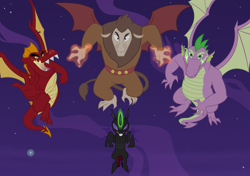 Size: 1057x746 | Tagged: safe, artist:queencold, character:garble, character:pharynx, character:scorpan, character:spike, species:changeling, species:dragon, species:gargoyle, alternate universe, commission, fire, flying, glowing horn, horn, magic, magic aura, male, night, older, older garble, older spike, winged spike