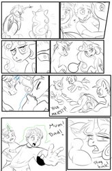 Size: 724x1103 | Tagged: safe, artist:candyclumsy, commissioner:bigonionbean, writer:bigonionbean, oc, oc:heartstrong flare, oc:king speedy hooves, oc:princess mythic majestic, oc:queen galaxia, oc:tommy the human, species:alicorn, species:human, species:pony, comic:sick days, alicorn oc, aunt and nephew, bag, bags under eyes, canterlot, canterlot castle, child, clothing, comic, flashback, fusion, fusion:heartstrong flare, fusion:king speedy hooves, fusion:princess mythic majestic, fusion:queen galaxia, hat, holding back, horn, human oc, husband and wife, magic, passed out, random pony, riding, sad, semi-grimdark series, servants, sick, sketch, sketch dump, swollen horn, thought bubble, uncle and nephew, vomiting, warning