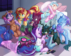 Size: 1600x1266 | Tagged: safe, artist:dstears, character:cozy glow, character:princess luna, character:queen chrysalis, character:starlight glimmer, character:sunset shimmer, character:tempest shadow, character:trixie, character:twilight sparkle, character:twilight sparkle (alicorn), species:alicorn, species:changeling, species:pegasus, species:pony, species:unicorn, g4, a better ending for chrysalis, a better ending for cozy, age regression, angry, broken horn, brushing, changeling queen, clothing, costume, cozybetes, cute, cutealis, diatrixes, digital art, drink, evil grin, eye scar, eyes closed, female, filly, foal, food, footed sleeper, glimmerbetes, go-karting with bowser, grin, horn, imminent pillow fight, kigurumi, levitation, lipstick, lunabetes, lying down, madorable, magic, makeover, makeup, mare, mouth hold, pajamas, pajamas party, party, paw socks, phone, pillow, pillow fight, pizza, queen chrysalis is not amused, scar, shimmerbetes, sitting, slumber party, smiling, socks, striped socks, telekinesis, tempestbetes, thigh highs, twiabetes, unamused