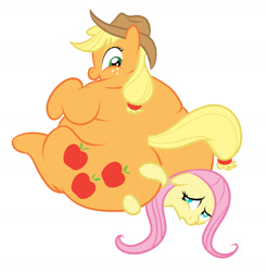Size: 1123x1145 | Tagged: safe, artist:calorie, character:applejack, character:fluttershy, species:earth pony, species:pegasus, species:pony, applefat, butt, facesitting, fat, flutterseat, obese, plot, simple background, sitting, sitting on, sitting on pony, white background