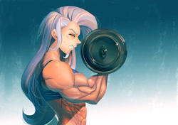 Size: 1400x988 | Tagged: safe, artist:bakki, character:trixie, species:human, commission, dumbbell (object), eyes closed, grand and muscular trixie, gritted teeth, humanized, lifting, muscles, muscular female, struggling, sweat, weight lifting, workout, workout outfit