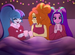 Size: 2893x2134 | Tagged: safe, artist:rileyav, character:adagio dazzle, character:aria blaze, character:sonata dusk, g4, my little pony:equestria girls, adoragio, ariabetes, chocolate, christmas, christmas lights, clothing, cute, female, food, happy, holiday, hot chocolate, sonatabetes, sweater, the dazzlings, trio, wholesome