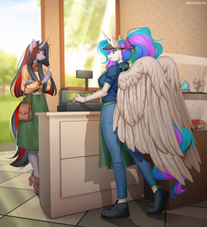 Size: 1192x1300 | Tagged: safe, artist:margony, character:princess celestia, oc, oc:flydry, species:alicorn, species:anthro, species:plantigrade anthro, species:unicorn, g4, anthro oc, apron, big wings, breasts, busty princess celestia, cash register, clothing, coffee shop, commission, cupcake, duo, duo female, eyes closed, female, food, jeans, mare, pants, pie, ponytail, purse, shoes, skirt, smiling, unicorn oc, wings
