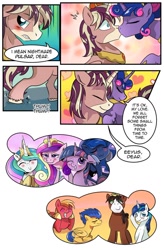 Size: 724x1103 | Tagged: safe, artist:candyclumsy, commissioner:bigonionbean, writer:bigonionbean, character:big mcintosh, character:flash sentry, character:princess cadance, character:princess celestia, character:princess luna, character:shining armor, character:trouble shoes, character:twilight sparkle, character:twilight sparkle (alicorn), oc, oc:king speedy hooves, oc:queen galaxia, species:alicorn, species:earth pony, species:pegasus, species:pony, species:unicorn, comic:nightmare pulsar, alicorn oc, bathroom, blushing, canterlot, canterlot castle, comic, costume, dialogue, female, fusion, fusion:king speedy hooves, fusion:queen galaxia, hair bun, husband and wife, jewelry, kissing, male, nightmare night, nuzzling, regalia, thought bubble, thump