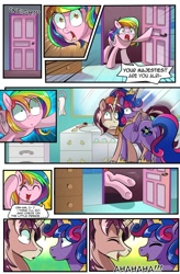 Size: 724x1103 | Tagged: safe, artist:candyclumsy, commissioner:bigonionbean, writer:bigonionbean, oc, oc:candy clumsy, oc:king speedy hooves, oc:queen galaxia, species:alicorn, species:pegasus, species:pony, comic:nightmare pulsar, alicorn oc, bathroom, bedroom, clothing, comic, concerned, counter, cutie mark, dialogue, embarrassed, embracing, female, fusion:king speedy hooves, fusion:queen galaxia, galloping, hair bun, husband and wife, jewelry, laughing, loving gaze, maid, male, mirror, multicolored hair, neigh, rainbow hair, regalia, sink, weird