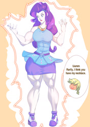 Size: 990x1402 | Tagged: safe, artist:bakki, character:applejack, character:rarity, my little pony:equestria girls, commission, geode of super strength, growth, magic, magical geodes, muscle expansion, muscles, ripped rarity