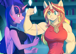 Size: 1400x988 | Tagged: safe, artist:bakki, character:sunset shimmer, character:twilight sparkle, character:twilight sparkle (alicorn), species:alicorn, species:anthro, species:pony, species:unicorn, armpits, biceps, breasts, busty sunset shimmer, busty twilight sparkle, female, library, measuring tape, muscles, muscular female, smiling, sunset lifter, twilight's castle