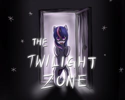 Size: 1250x1000 | Tagged: dead source, safe, artist:ninjaham, character:twilight sparkle, species:pony, species:unicorn, g4, acdsee, crossover, door, female, looking at you, mare, pun, rearing, solo, text, the twilight zone