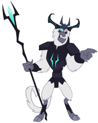 Size: 797x1003 | Tagged: safe, artist:andoanimalia, character:storm king, my little pony: the movie (2017), alternate design, angry, antagonist, armor, claws, cloven hooves, crown, crystal, fangs, growling, horns, jewelry, male, original design, pointing, regalia, simple background, solo, staff, staff of sacanas, storm king's emblem, tail, transparent background, vector, yeti