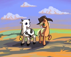 Size: 1250x1000 | Tagged: dead source, safe, artist:ninjaham, character:applejack, species:cow, species:earth pony, species:pony, g4, acdsee, bell, cowbell, eye contact, female, looking at each other, mare, raised hoof, udder