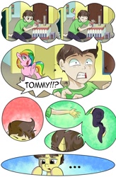 Size: 724x1103 | Tagged: safe, artist:candyclumsy, commissioner:bigonionbean, writer:bigonionbean, oc, oc:candy clumsy, oc:tommy the human, species:alicorn, species:human, species:pony, comic:nightmare pulsar, alicorn oc, blocks, canterlot, canterlot castle, clothing, colt, comic, dialogue, foal, halloween, holiday, horn, human oc, human to pony, magic, male, nightmare night, pants, shocked expression, shout, surprised, toy, transformation