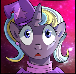 Size: 558x543 | Tagged: safe, artist:candyclumsy, commissioner:bigonionbean, character:ms. harshwhinny, character:trixie, oc, oc:strict talent, species:earth pony, species:pony, species:unicorn, comic:mlp: education reform, clothing, cropped, ear piercing, earring, female, fusion, fusion:strict talent, hat, i can't believe it's not idw, jewelry, mare, merge, piercing, profile picture, shocked expression, suggestive series, trixie's hat