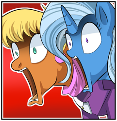 Size: 669x695 | Tagged: safe, artist:candyclumsy, commissioner:bigonionbean, character:ms. harshwhinny, character:trixie, species:earth pony, species:pony, species:unicorn, comic:mlp: education reform, cropped, ear piercing, earring, female, i can't believe it's not idw, jaw drop, jewelry, mare, piercing, shocked expression, suggestive series
