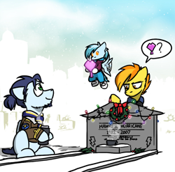 Size: 800x789 | Tagged: safe, artist:captainhoers, character:soarin', character:spitfire, oc, oc:concorde, parent:soarin', parent:spitfire, parents:soarinfire, species:pony, baby, baby pony, christmas, christmas lights, epitaph, family, firestarter spitfire, gravestone, holiday, hoof hold, offspring, thermos, wreath